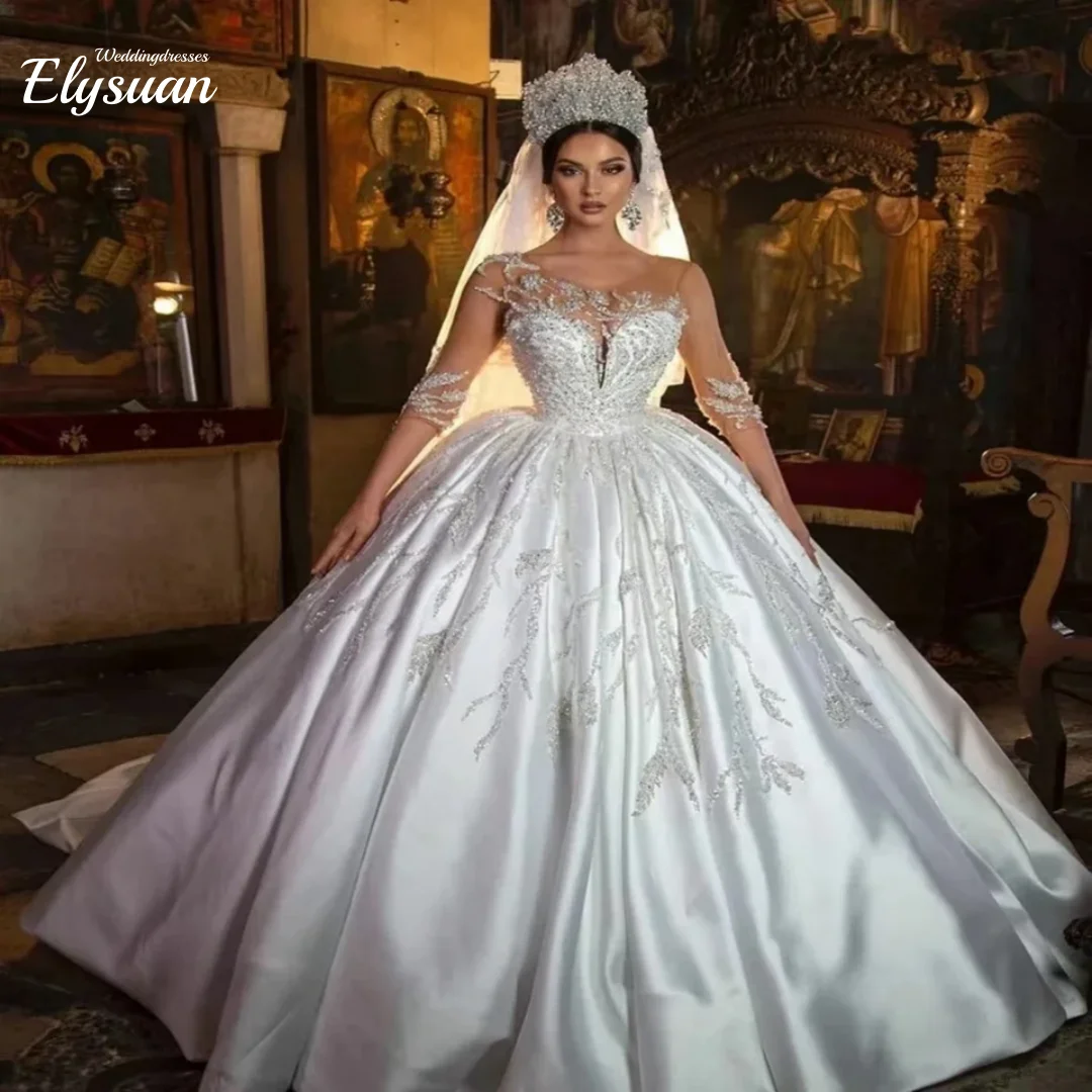 Customized Luxury Sequin Crystal Beaded Satin Ball Gown Wedding Dresses Illusion O-Neck Sweep Train Bridal Gowns Plus Size For W