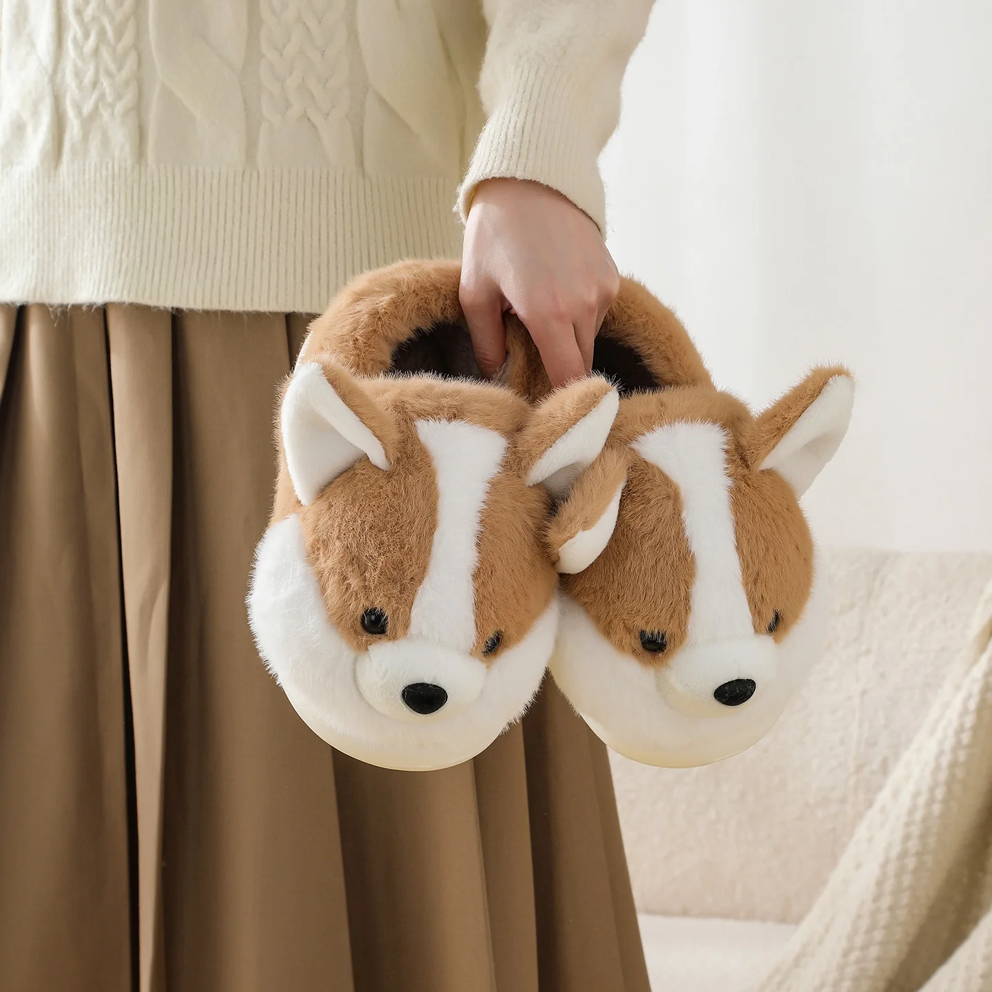 ZUOFU For Women Men Corgi Plush Slippers Autumn Winter Warm Non-Slip EVA Sole Indoor Fluffy Home Cotton Slippers