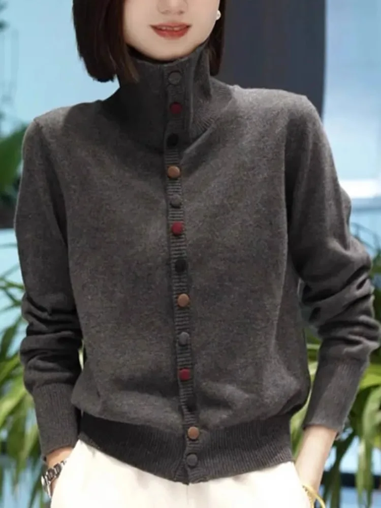 

Comfortable Knitted High Collar Long Sve Women's Sweater Faionable Korean Sle Pure Color Versatile Sli Cardigan