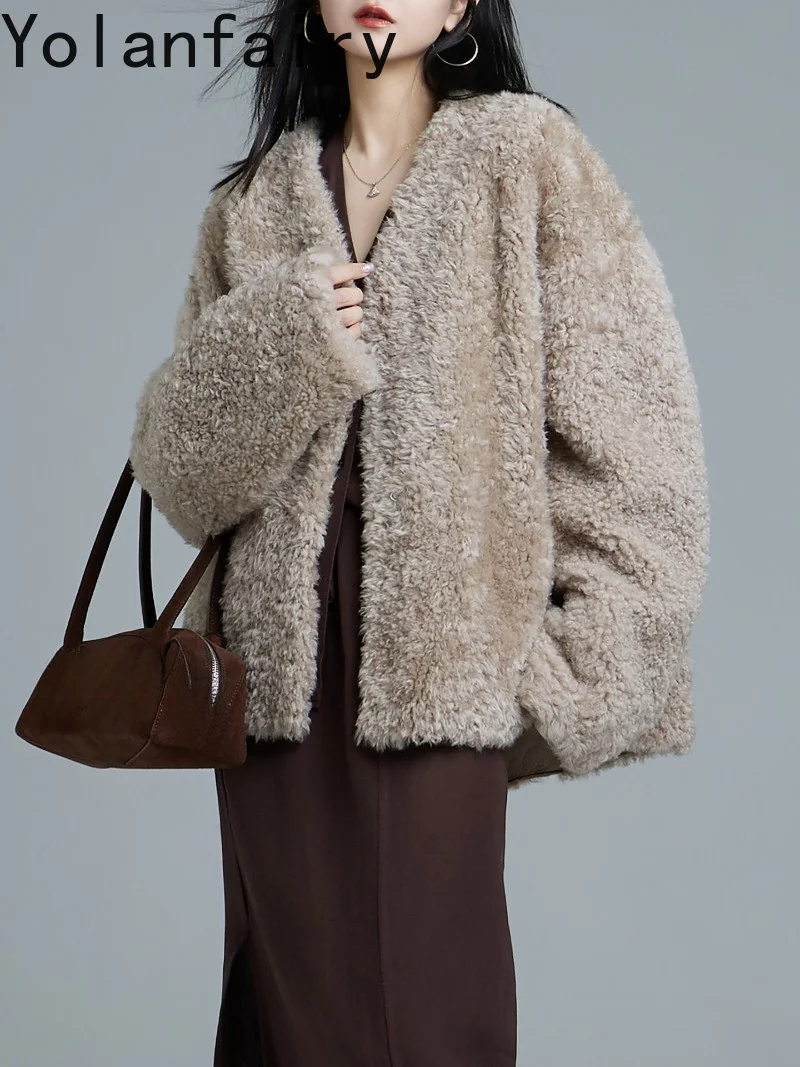 YOLANFAIRY Winter Natural Curly Shearling Coat Oversized Genuine Leather Jacket Women Real Lamb Fur Integrated Coats Outerwear