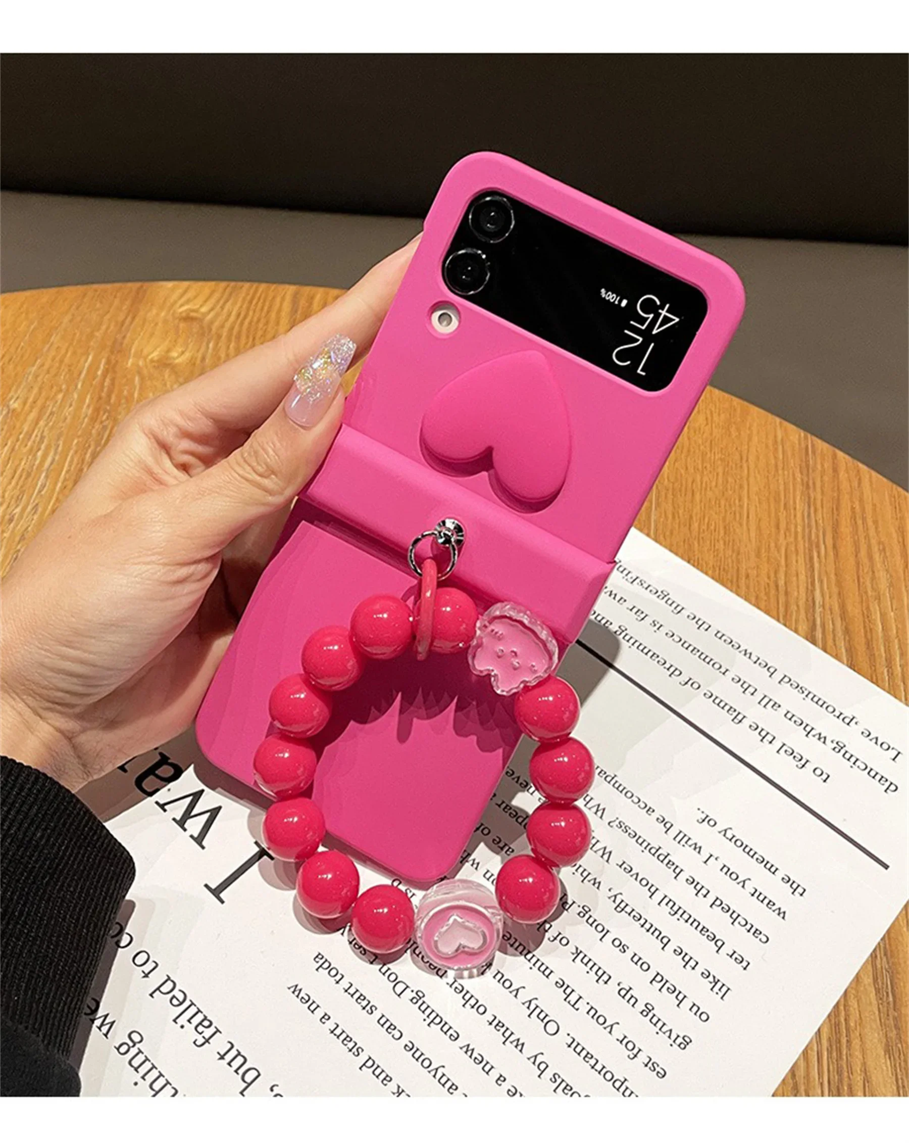 Korean 3D Love Heart Rose Red Case with Bunny Ring Beads Bracelet for Samsung Galaxy Z Flip 3  5G Z Flip3  Zflip5 Zflip4 Cover