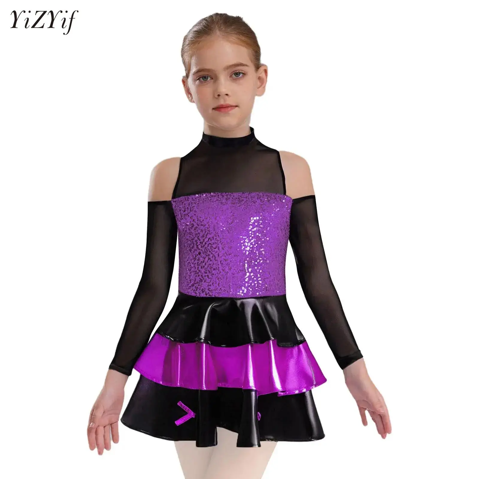 

Kids Girls Jazz Dance Costume Long Sleeve Cold Shoulder Sequins Tiered Ruffled Dress Modern Latin Hip Hop Performance Dancewear