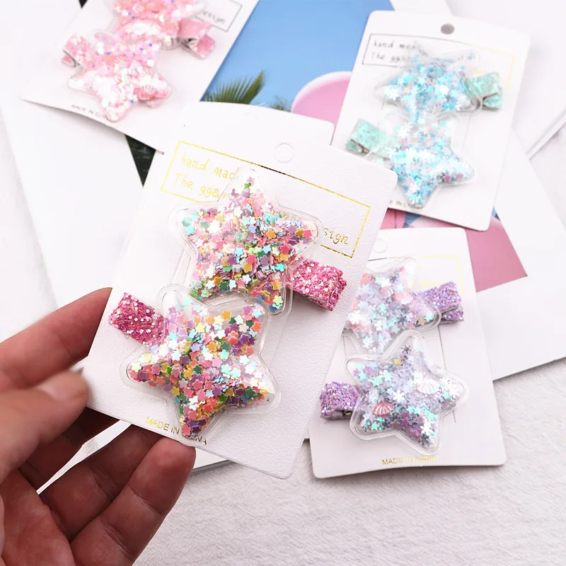 Glitter Star Hair Clips Set Kids Cartoon Duckbill Side Clips with Flowing Sand for Party Daily Hairstyle