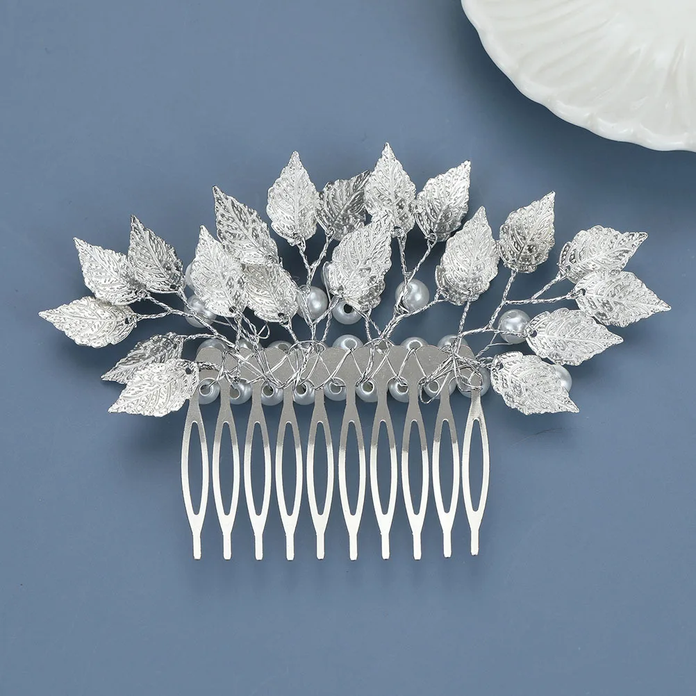 مشبك مشط شعر لؤلؤ الزفاف أوراق فضية غطاء رأس بوهيمي لحفلات الزفاف أداء المسرح مشط شعر الزفاف غطاء رأس العروس #1