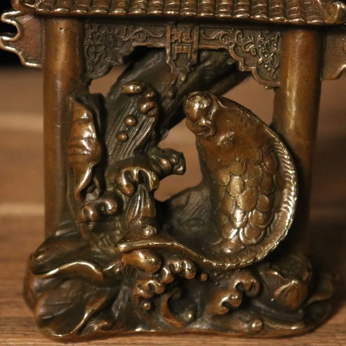 Solid Copper Leaping Carp Ornament, Carp Jumping Over Dragon Gate Auspicious Mascot