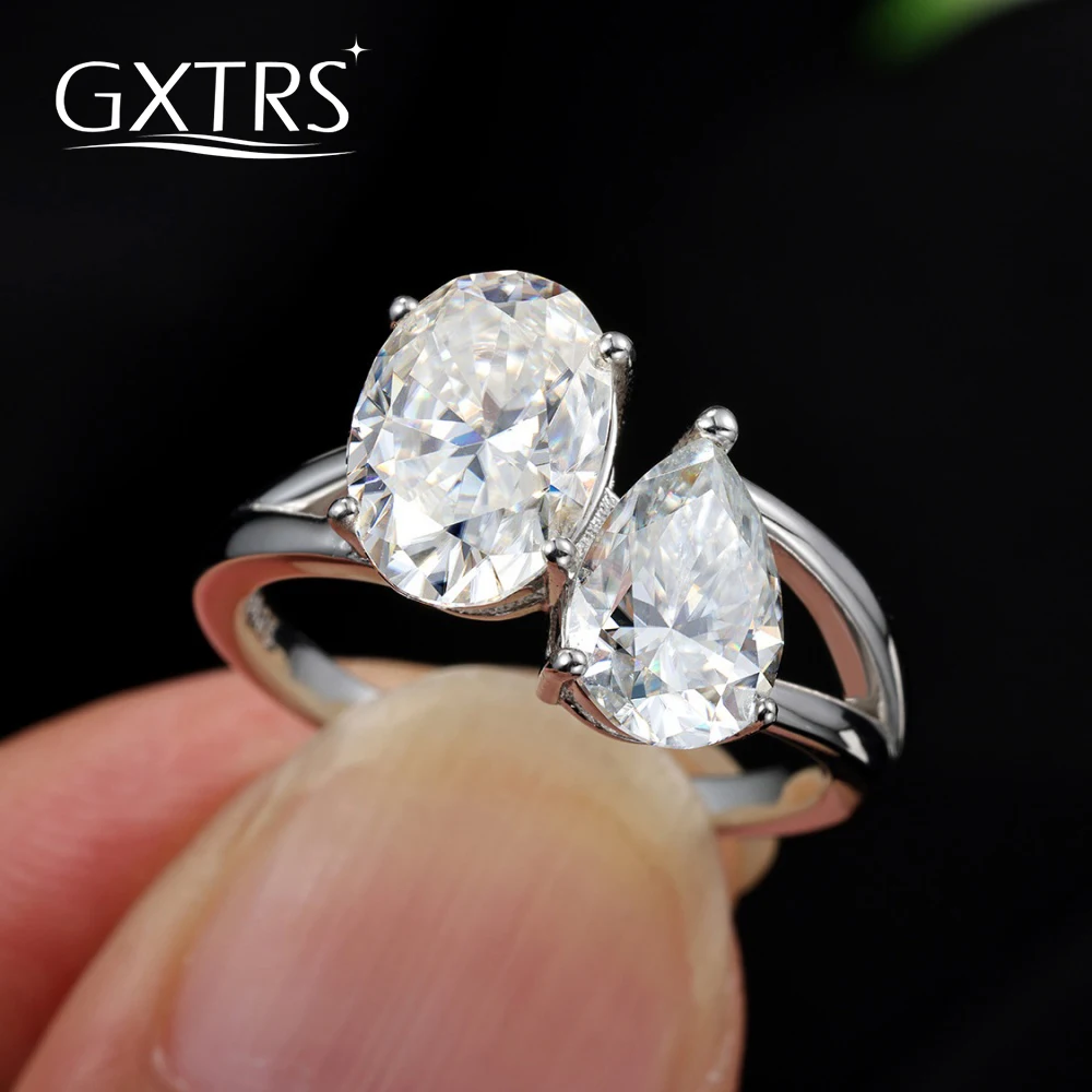 

GXTRS 4CTTW Full Moissanite S925 Silver Ring For Women Men 2 Stone Oval/Pear Cut Lab Diamond Band Wedding Fine Jewelry Certified