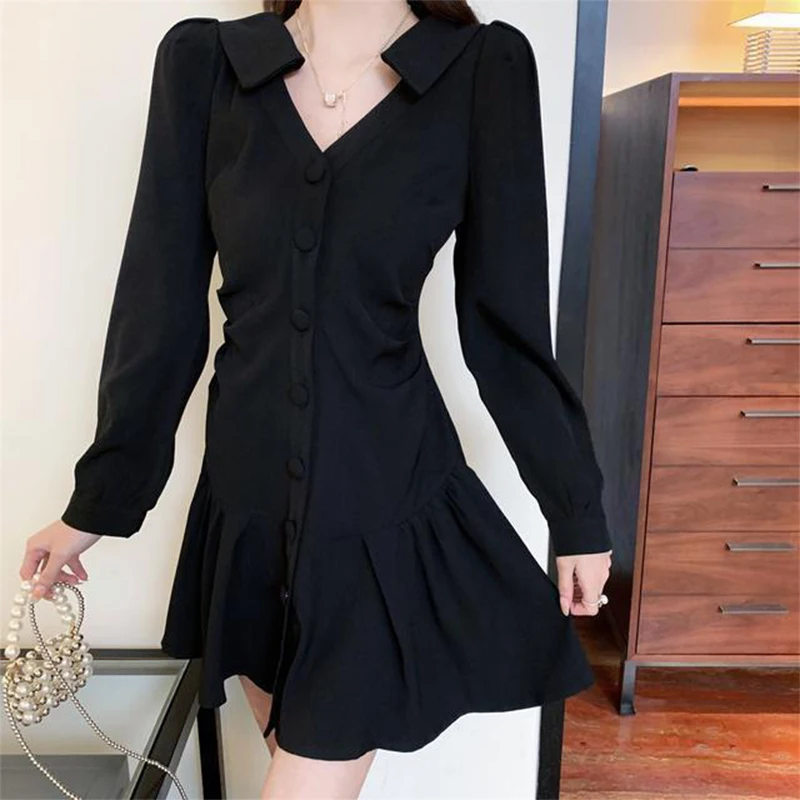 Spring New Sexy V-neck Pleated Single Breasted Mini Dress Lady Long Sleeve Slim Casual Fashion Robe Dresses Vestidos De Fiesta