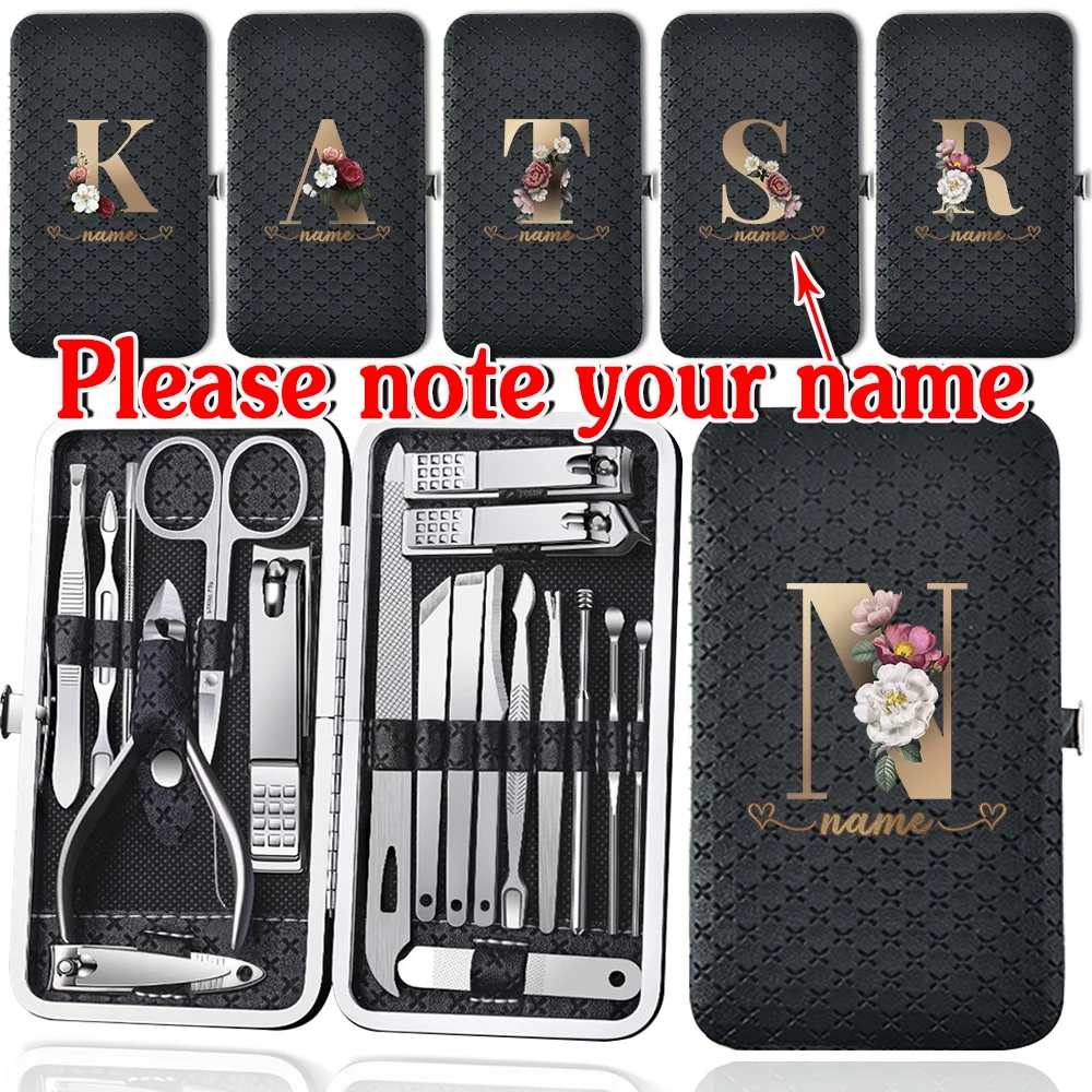 

Customized Name 19Pcs Stainless Steel Manicure Cutters Set Pedicure Tools Portable Nail Clipper Kit Daily Organizer Grooming Box