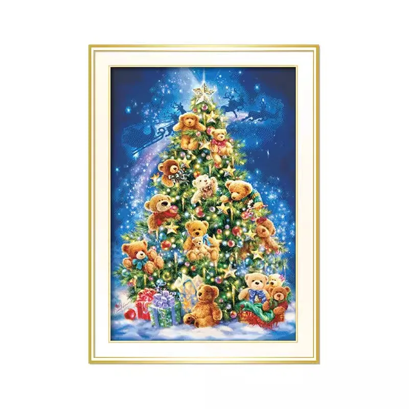 11CT 16CT Christmas Gift Bears Pre-Printed Cross Stitch DIY Embroidery Set Handicraft Floss Needle Crafts 150 Colors