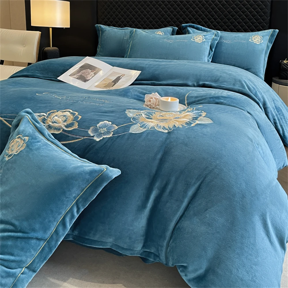 

Flower Embroidery Duvet Cover Set Thicken Winter Warm Bedding Set Quilt Cover Pillowcase Bed Linens Four Piece Set Home Textiles