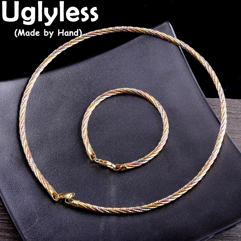 

Uglyless Simple Fashion Thick Twists Bracelets Chokers for Women Real 925 Silver Colorful Gold Jewelry Sets Party Dress Bijoux