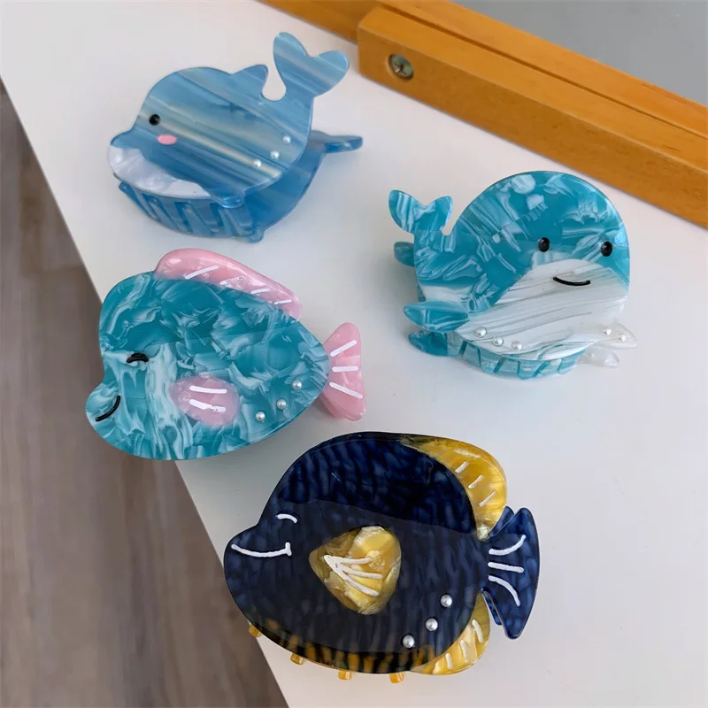 

Cute Delicate Cartoon Colorful Fish Acetate Spliced Hair Clips Pearl Whale Small Marine Series Hair Claws Hairpin for Women