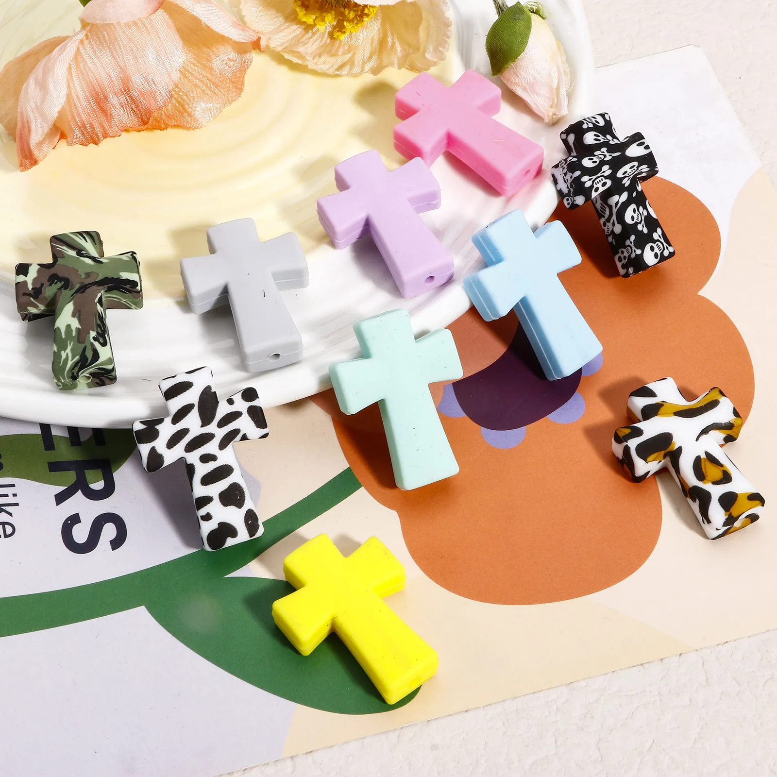 5 Piece Silicone Cross Religious Beads For DIY Charm Jewelry Making Findings Multicolor Beads Accessories About 3.5cm x 2.5cm