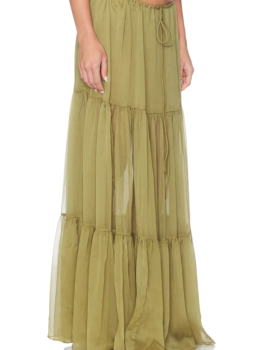 VGH Romantic Boho Two Piece for Women V Neck Lace Spliced Crop Top Sheer Ruffle Hem Drawstring Waist Outfit for Vacation Beach - view 5