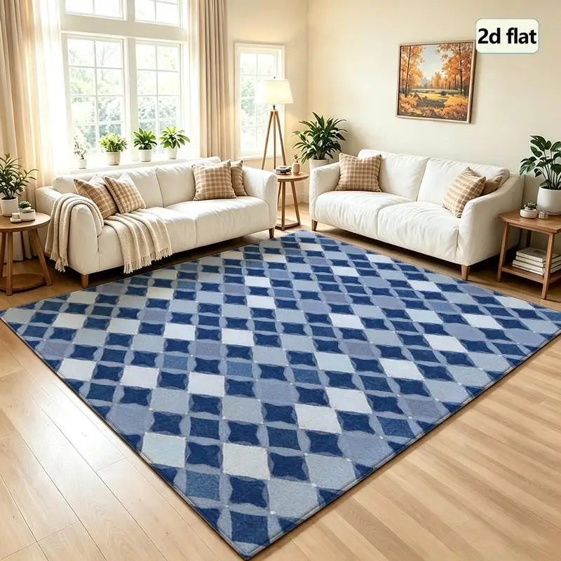 Blue White Argyle Diamond Carpet Flooring Seamless Geometric Square Rug Mat Home Floor Decor