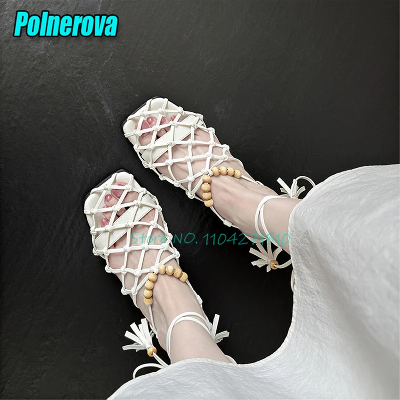 Fashion Designed Tassel Strap Roman Shoes for Women Summer New White Woven Lace-Up Thick Heel Sandals Vacation Beach Shoes