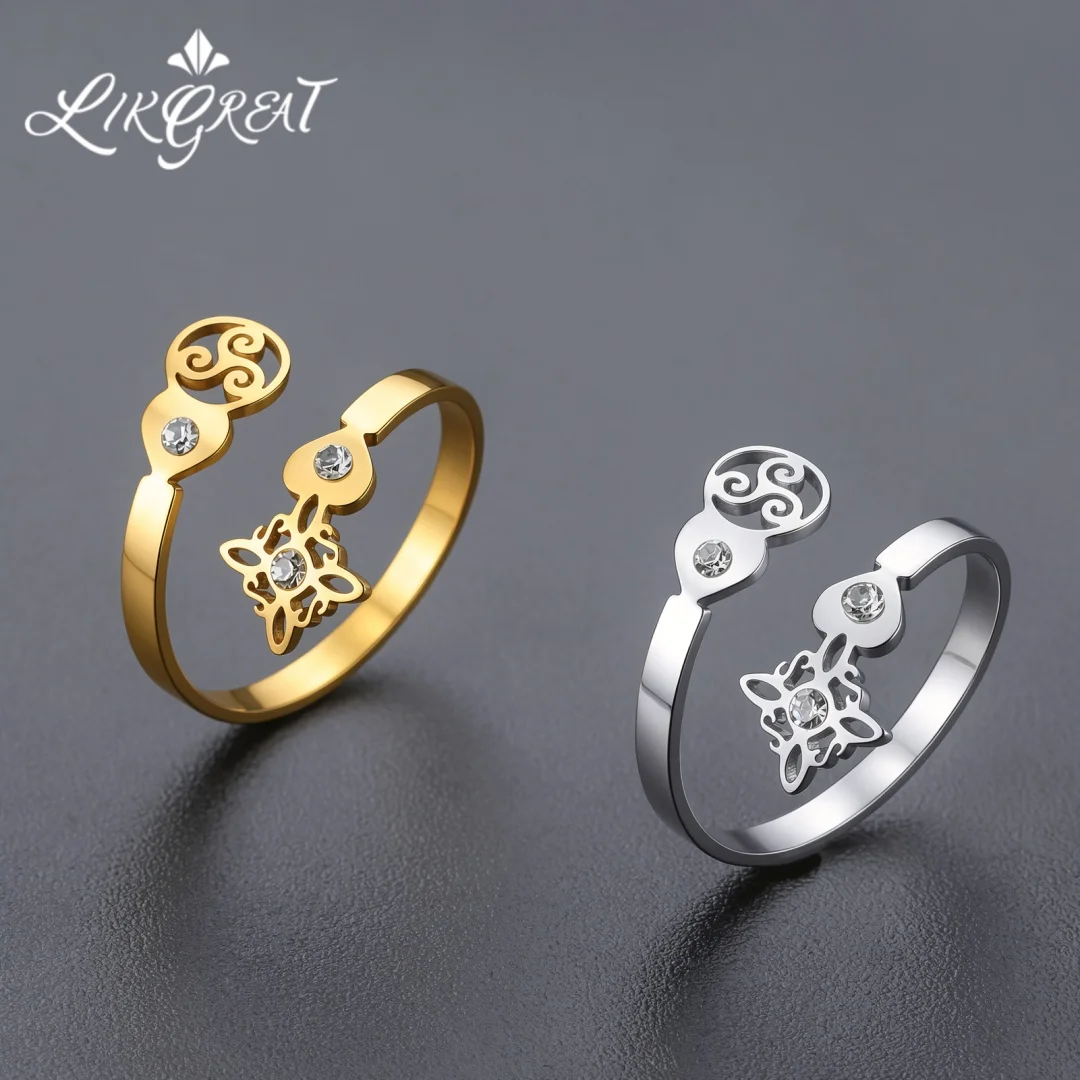 Triskele Triple Spiral Wicca Witch Knot Zircon Open Ring Stainless Steel Celtic Spiritual Amulet Talisman Ring Jewelry For Women