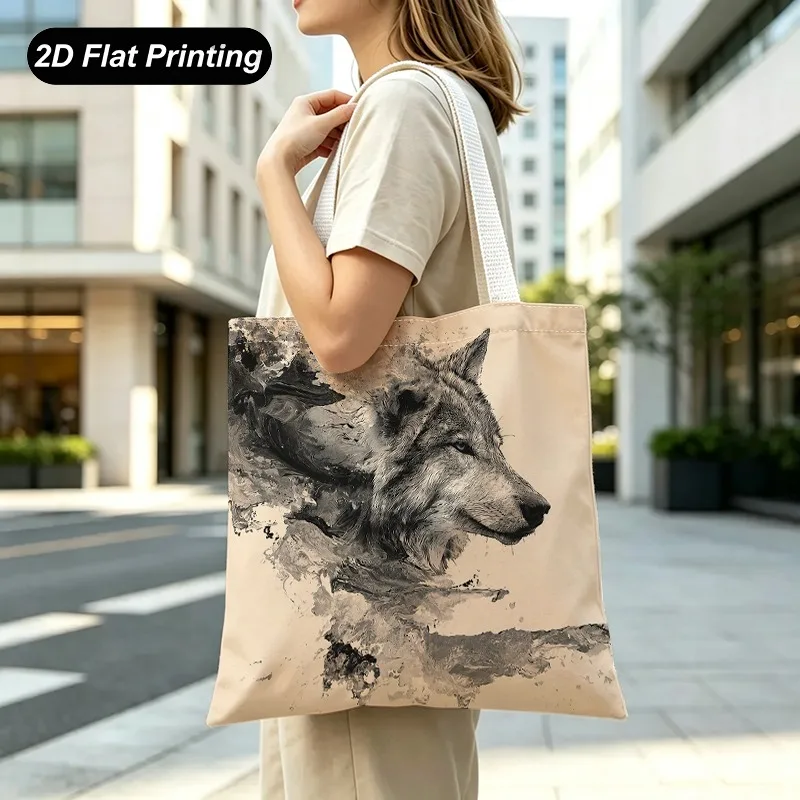 New Large-capacity Tote Bag With Ink Wolf Pattern，2DFlat Effect，Printed Design - Not Textured，Size15.7in*13.8in，Sui