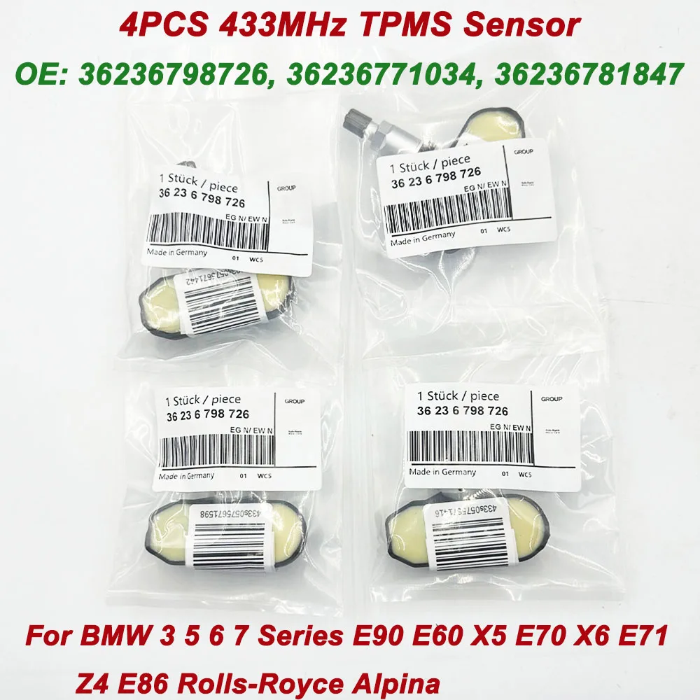 4Pcs 433MHz TPMS Sensor Tire Pressure Sensor 36236798726 TPM109A For B-MW 3 5 6 7 Series E90 E60 X5 E70 Rolls-Royce 36236771034