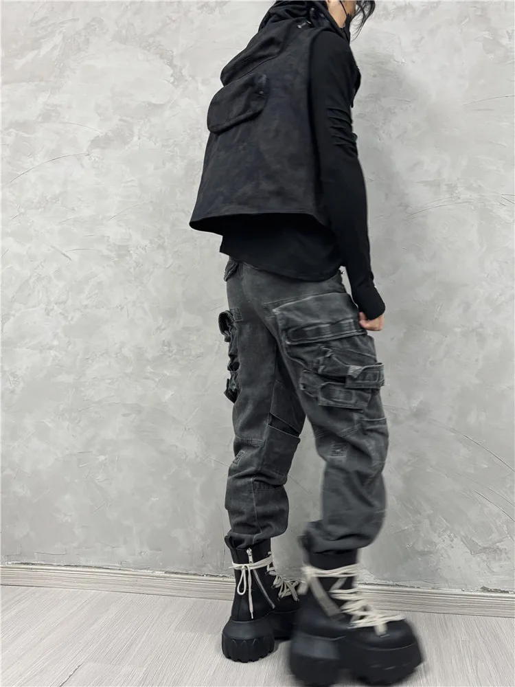 Avant-garde retro gewassen stiksels multi-pocket tactische overall persoonlijkheid matje broek trendy los casual