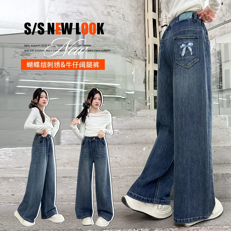 

Teen Girls Jeans Children Spring Autumn Wide-leg Denim Pants Fashion Kids Straight Trousers With Pocket Bow Embroidery Age 4-14Y