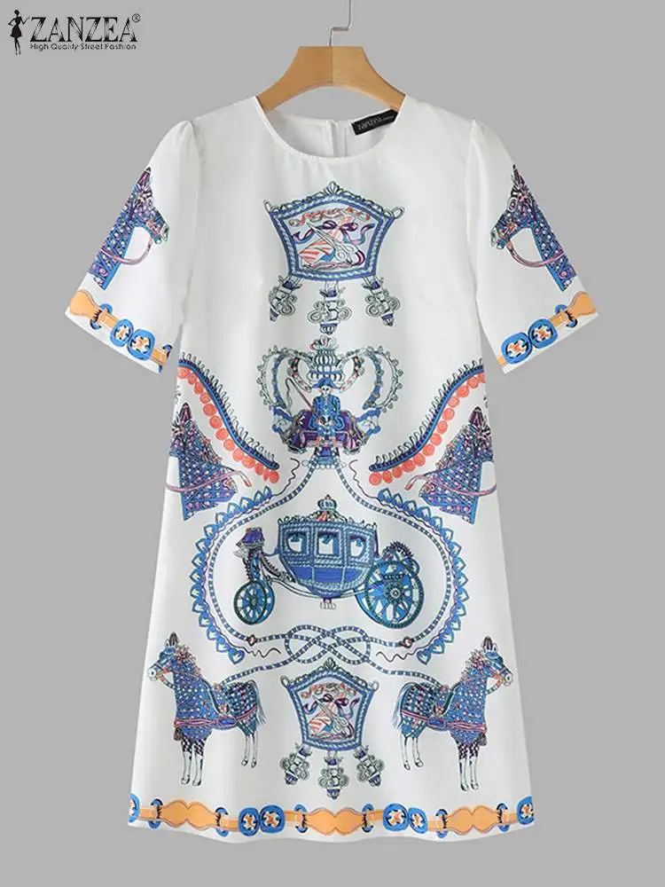 ZANZEA Vintage Printing Short Sleeve Robe Elegant Women Midi Dress 2024 Summer Round Neck Vestidos Luxury Chic Party Dress Femme