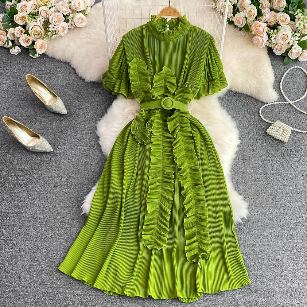 

Autumn Summer Pleated Folds Green/Red/Blue Vintage Midi Dress Edible Tree Fungus Patchwork Female Robe with Belt Luxury Holiday