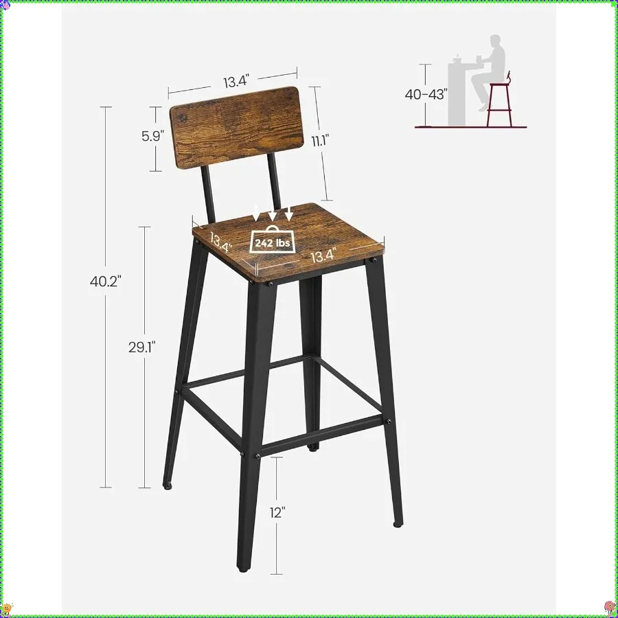 Juego de taburetes de bar industriales de 2 piezas, estructura de acero resistente de 29,1 pulgadas con respaldo para uso en barra de montaje rápido
