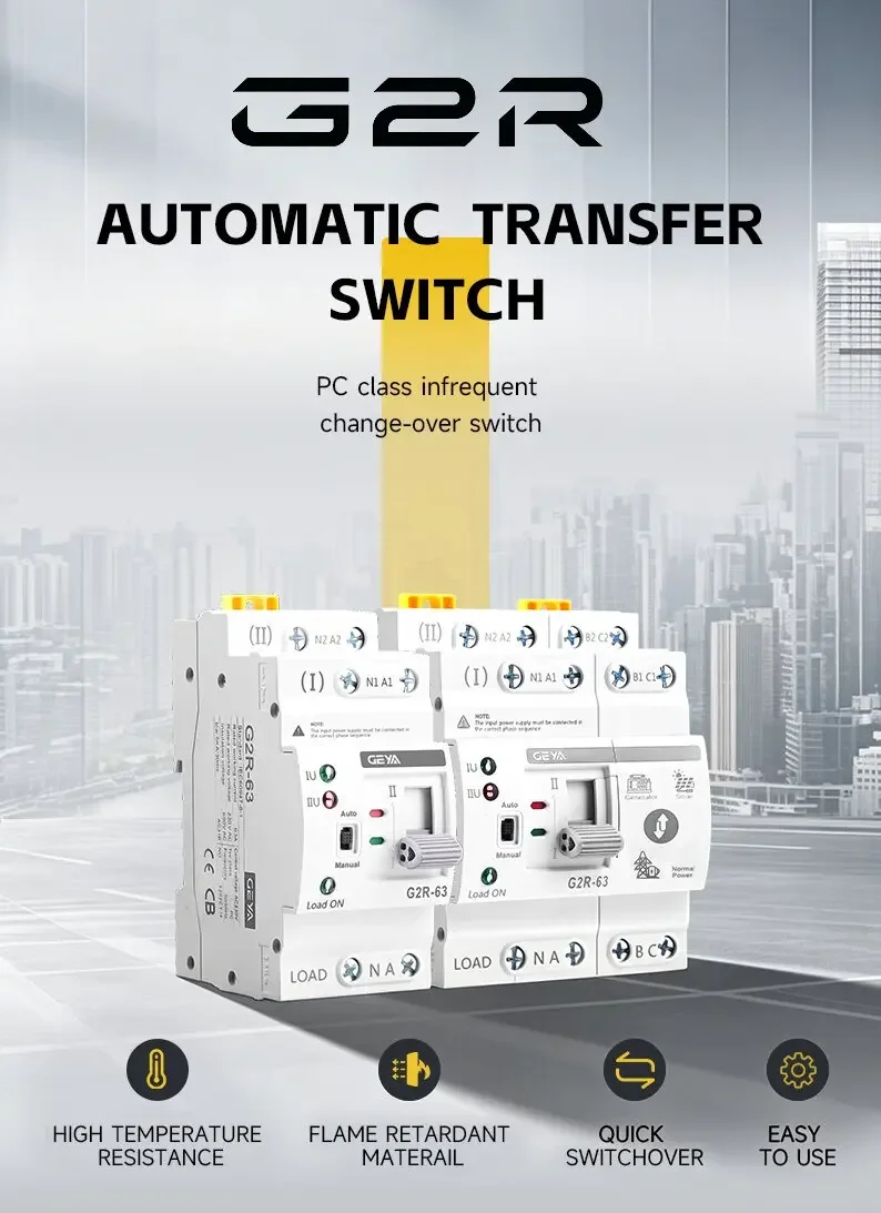 GEYA G2R ATS Automatischer Transferschalter 220V 230V DIN-Schienen-Doppelstrom-Umschalter Unterbrechungsfreie Stromversorgung 63A 110V – Detail 2