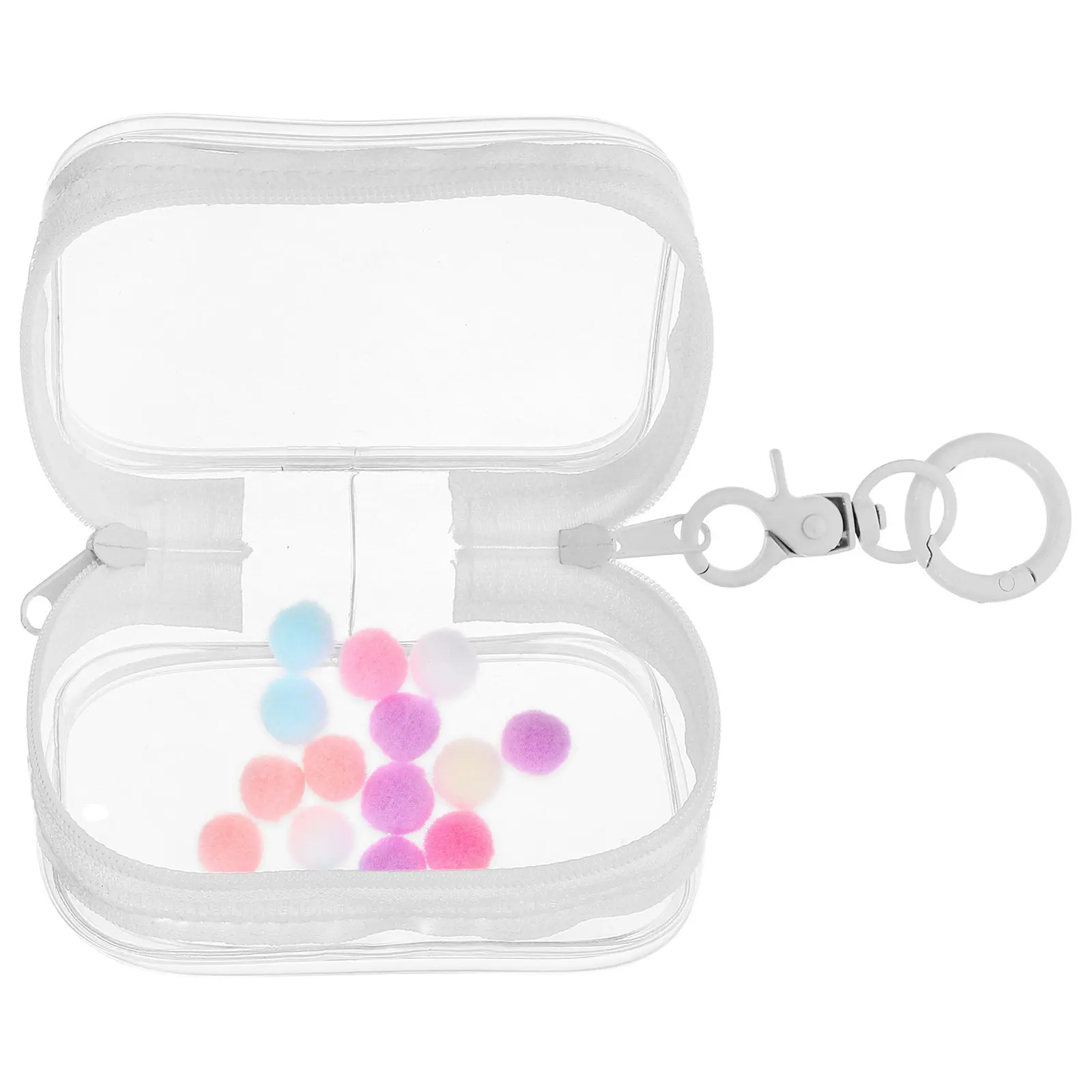 Clear Mini Figure Storage Bag Keychain PVC Display Case with Pompom Ball Collectibles Organizer
