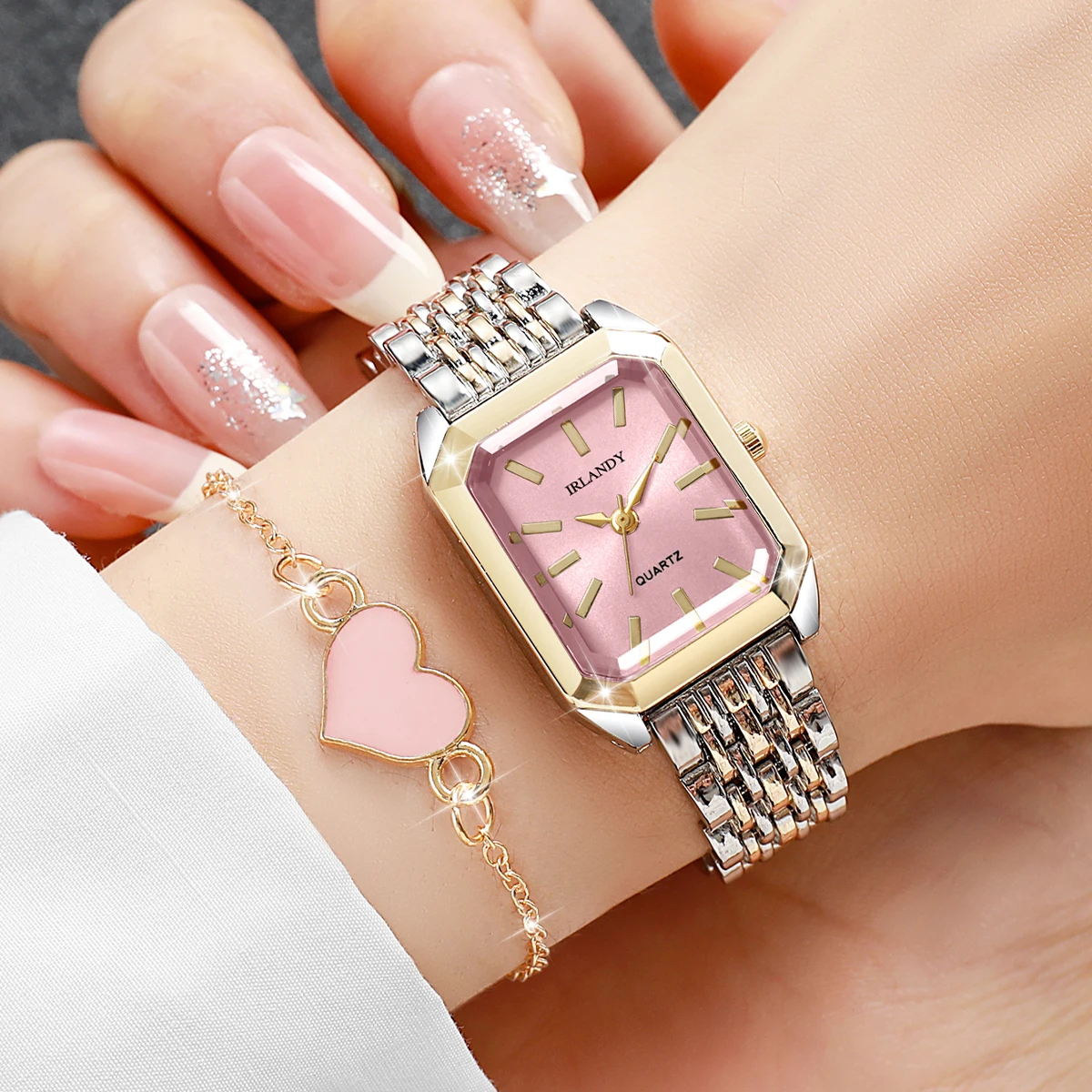 2PCS Fashion Rectangle Women Watches Heart Bracelet Set Ladies Quartz Wrist Watch Reloj Mujer Girls (Without Box)