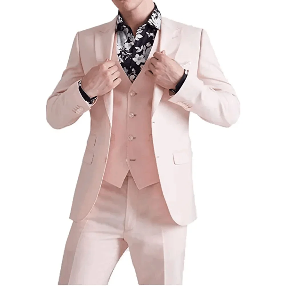 

Pink Men Suits Groom Wear Slim Fit Business Casual Suit For Men Peak Lapel 3 Piece（Blazer+ Vest+ Pants）Costume Homme