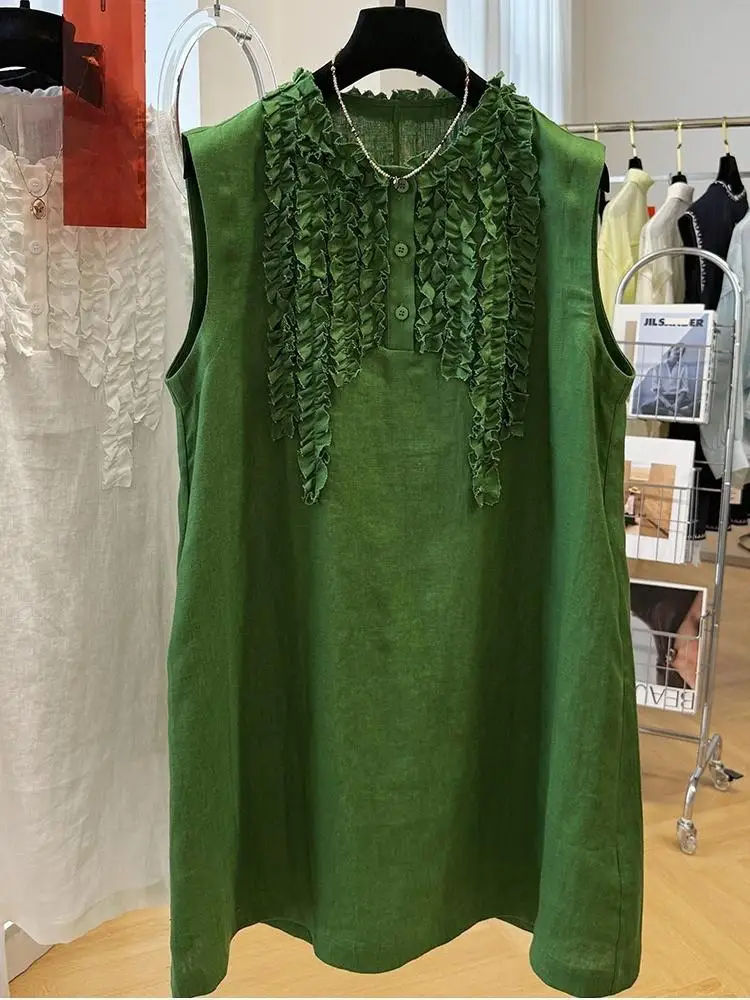 Summer Women's Fashion Sleeveless Dress Casual Loose O-Neck Dress Retro Contrasting Color T-Shirt