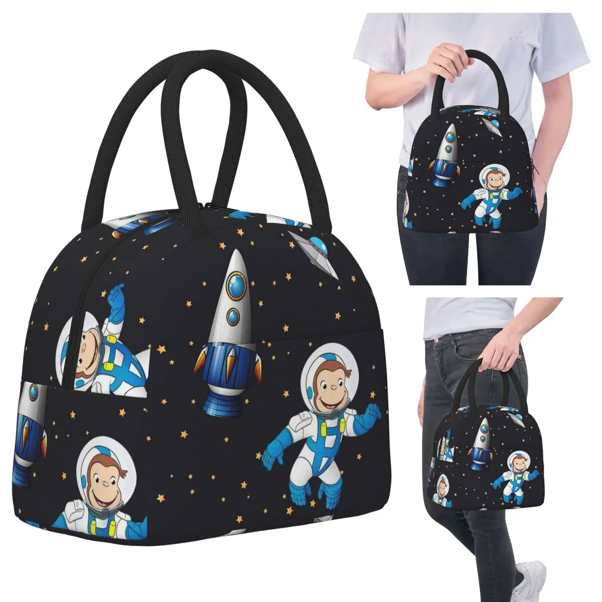 

George The Curious Monkey Astronaut Cartoon Insulated Lunch Bag for Kids Cooler Thermal Food Box Tote Leakproof Lunch Boxes