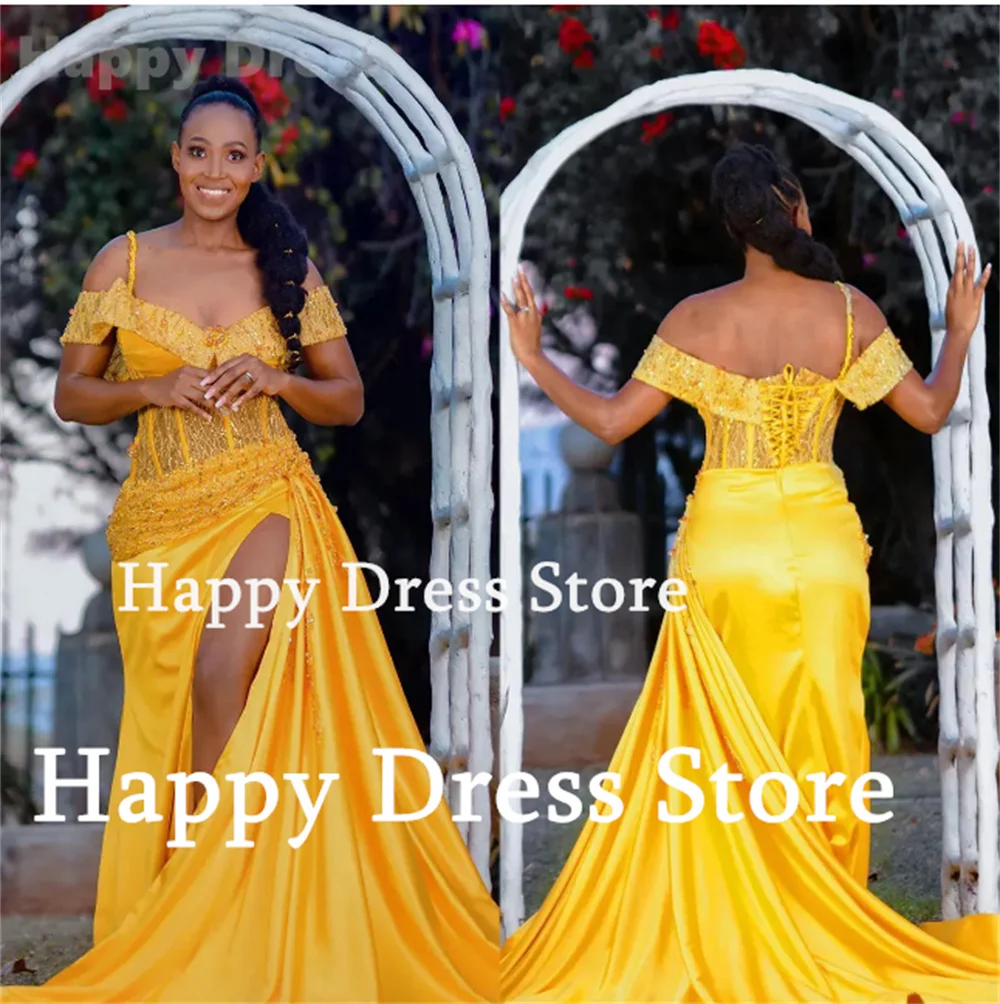 Sexy Yellow Special Evening Dress Lace Appliques Mermaid Satin Party Dress Floor-Length Bridal Prom Dress Robes de soirée 2024