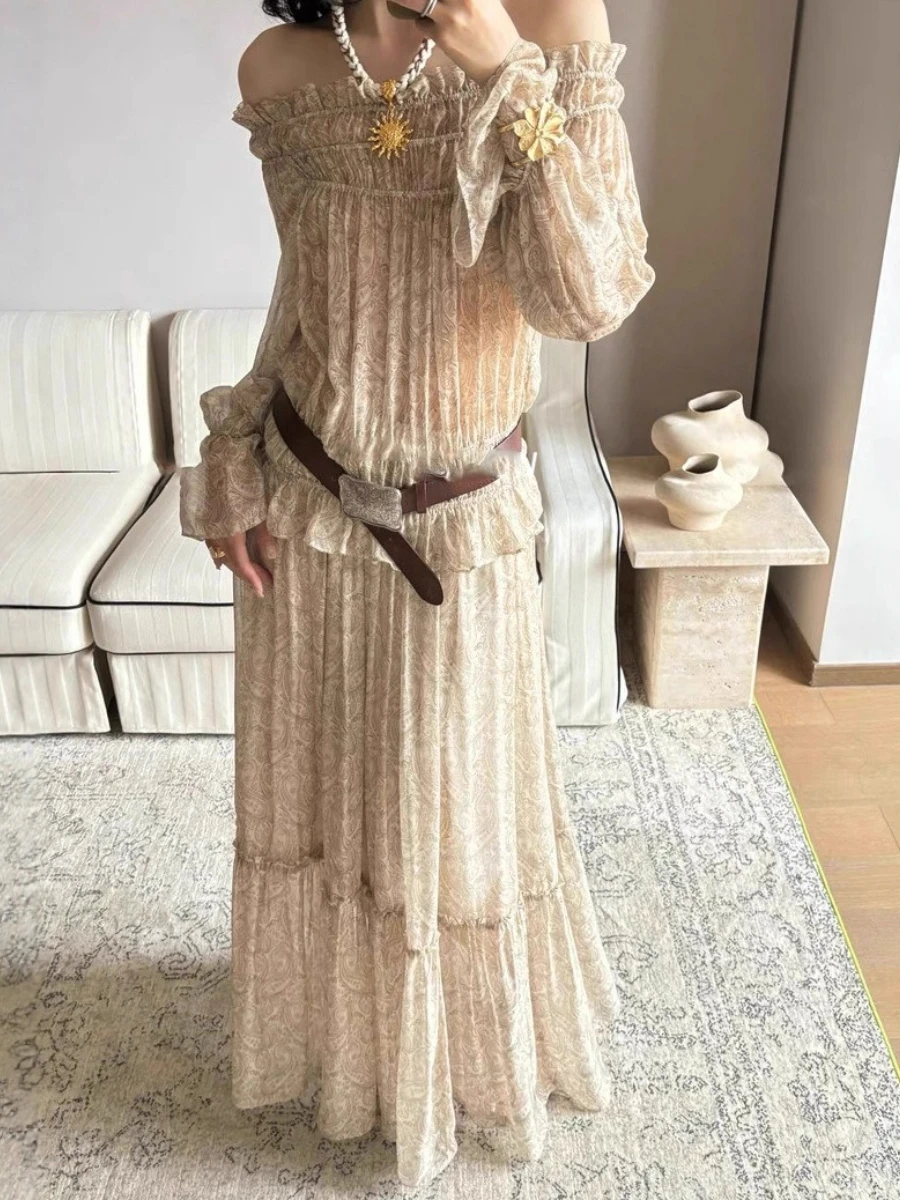 TWOTWINSTYLE Printing Spliced Folds Two Piece Sets for Women Slash Neck Long Sleeves Top High Waist Skirt Elegant Set Female New