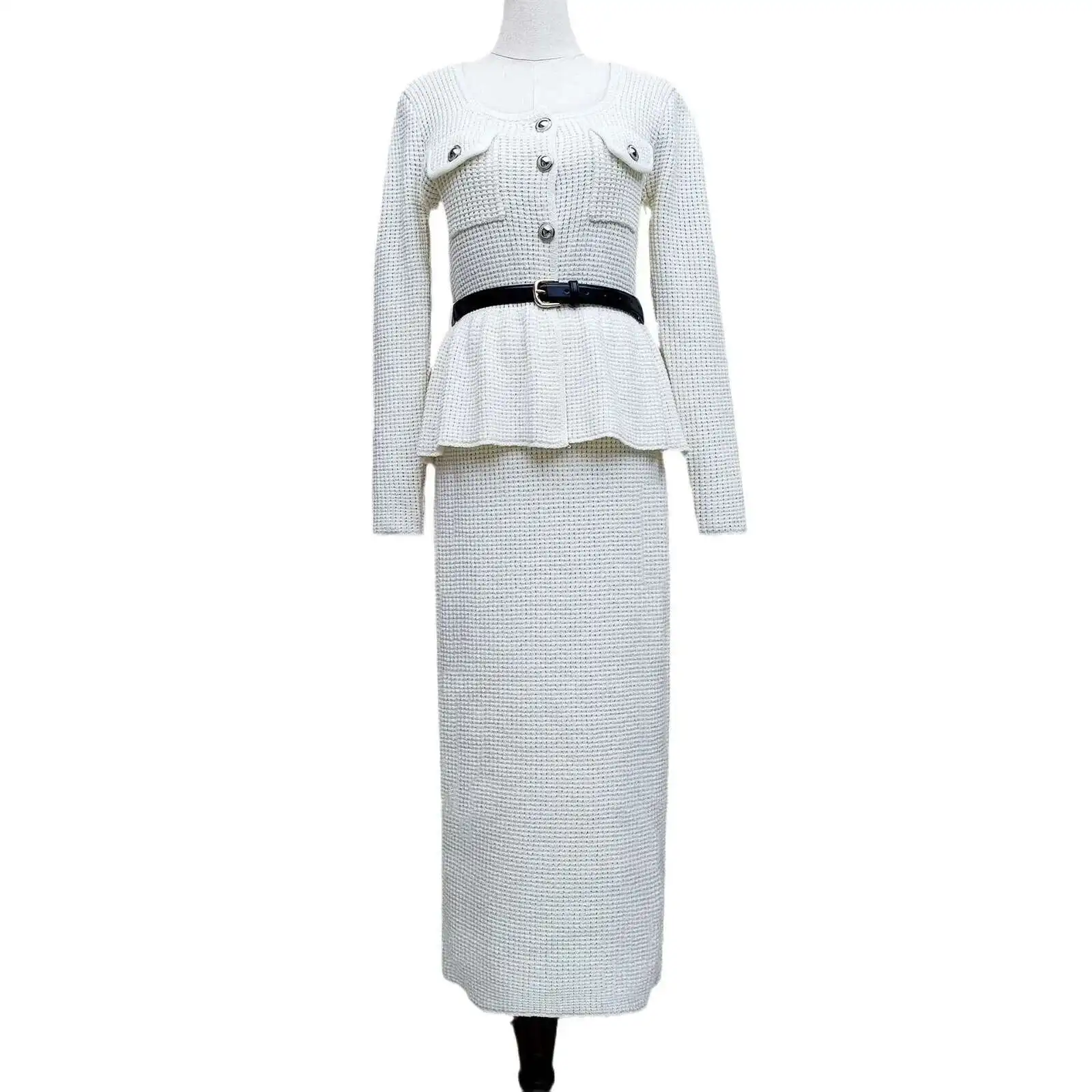 Luxury Knitted Long Dresses White Two Piece Set Women\'s 2025 Spring Autumn Cardigans Sweater Pencil Skirts Suits Party Vestidos
