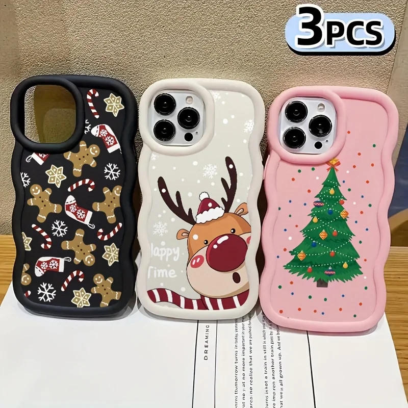 3Pcs,Christmas Three-Piece Set Big Wave Silicone Phone Case for Iphone 16/15/14/13/12/11 Pro Max,phone cases,iphone 15