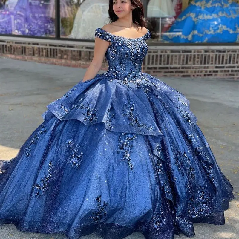 Lorencia-vestido de quinceañera azul marino, corsé con apliques de encaje y cuentas con volantes, tul dulce 15 16, vestido de desfile de princesa YQD422, 2023