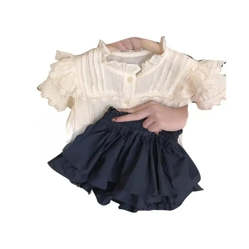 

Fashion Girl Kids Birthday Princess Suits Children Clothes 2025 Baby Girls Summer Clothing Set Sweet Lace Shirts+shorts Skirts