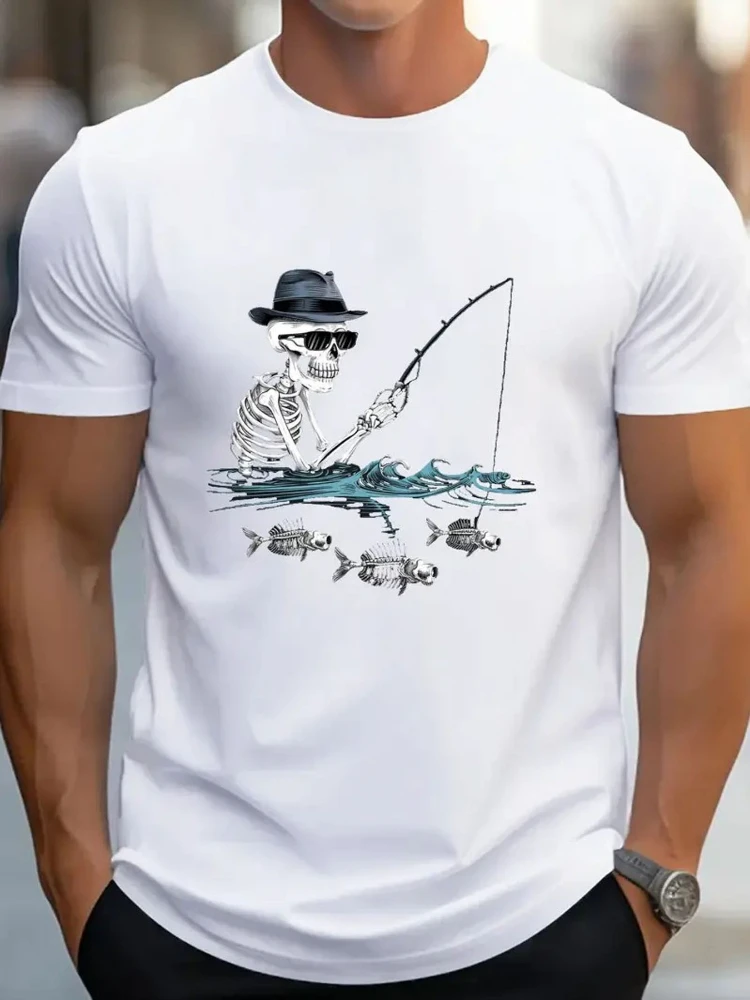 

Skull Fishing Illustration design-100% cotton summer O-neck short sleeve casual printed men's T-shirt.