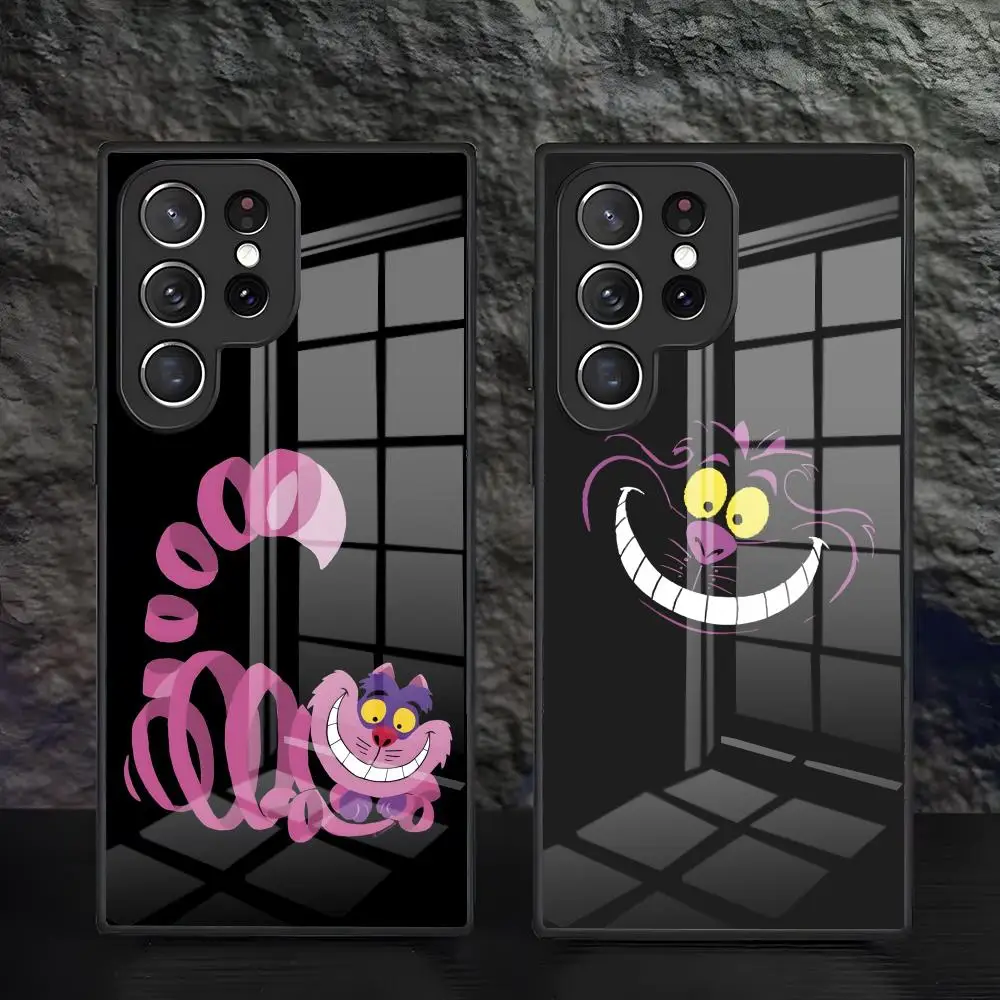 C-Cheshire Cat Alice im Wunderland Handyhülle für Samsung S25 S24 FE S23 S22 S21 Plus S20 Ultra Note20Ultra Schwarze Glasabdeckung