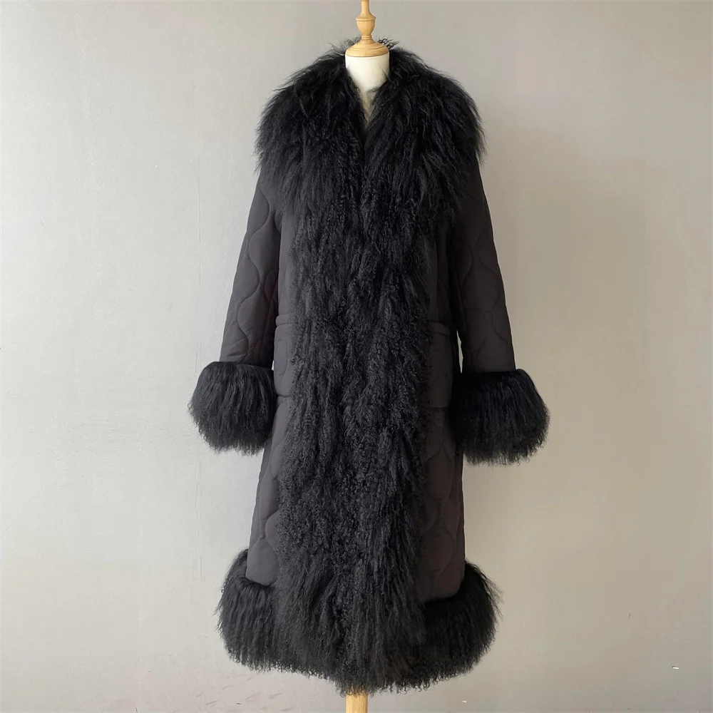 Jaxmonoy casaco longo feminino real mongol pele de ovelha guarnição casacos de inverno senhoras casaco quente moda outerwear feminino nova chegada
