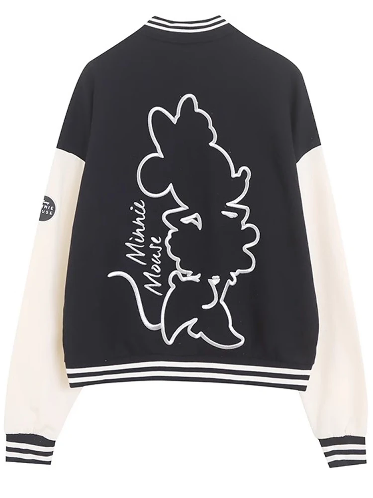 Disney Sweatshirt Minnie Mouse Letter Print Embroidery Baseball Sports Unisex Couple Women Pocket Single-breasted Jumper Tops