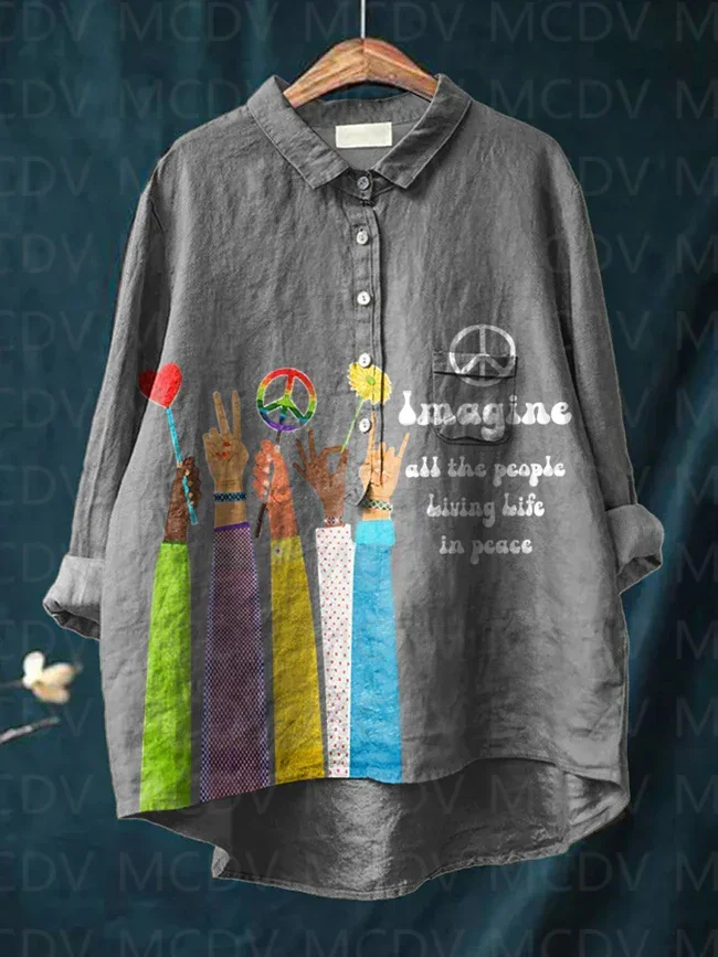 Imagine All The People Living Life In Peace Art Print Casual And Linen Shirt Women's Tops