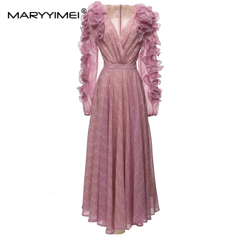 

MARYYIMEI Elegant Summer dress Women's Dress Deep V-Neck Lantern Long Sleeve Ruffle Solid Color Gorgeous Dresses