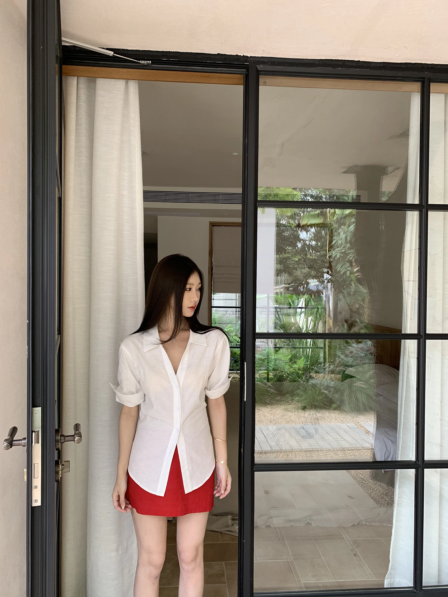 

White Cotton Linen Women's Shirt Short Sleeve Stylish Top Beautiful Design Comfortable Fit Summer 2026 New Arrival HRG Style