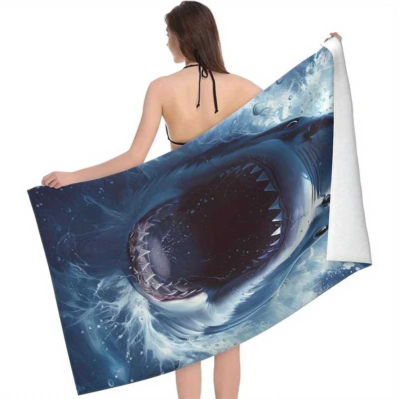 Beach towel shark print pattern sun protection windproof suitable for swimming pool camping travel blanket