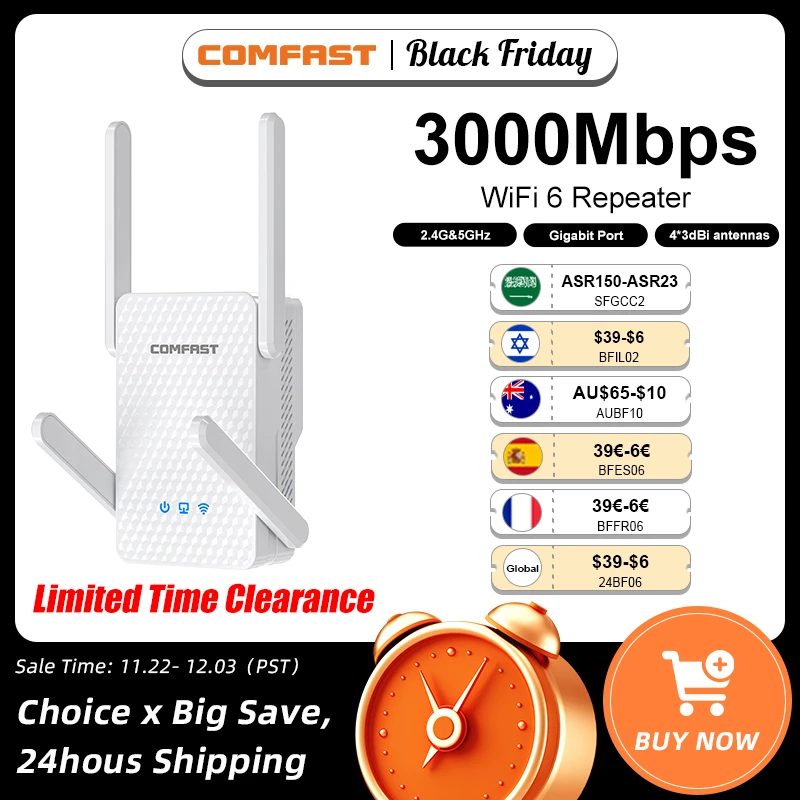 Comfast 3000Mbps WiFi 6 Repeater 2.4G&5GHz Dual Band Wireless Extender 802.11ax Full Gigabit Port For Home Office CF-XR186