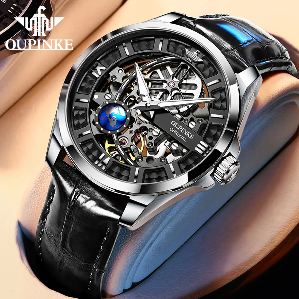 OUPINKE 3268 Mens Watch Top Luxury High Quality Automatic Mechanical Watches For Man 3D Vision Rotationg Second Dial Wristwatch